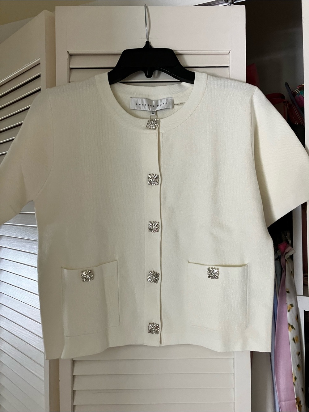 Endless Rose Cream Short-Sleeve Buttoned Cardigan with Jewel Buttons